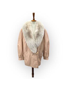 J. Percy For Marvin Richards Genuine Leather Coat With Fox Fur Collar Beige/Pink